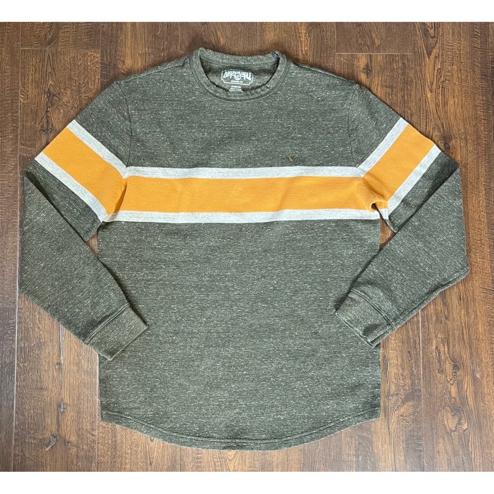 American Eagle Mens LT Green Striped Waffle Knit Thermal Long Sleeve Shirt Tall